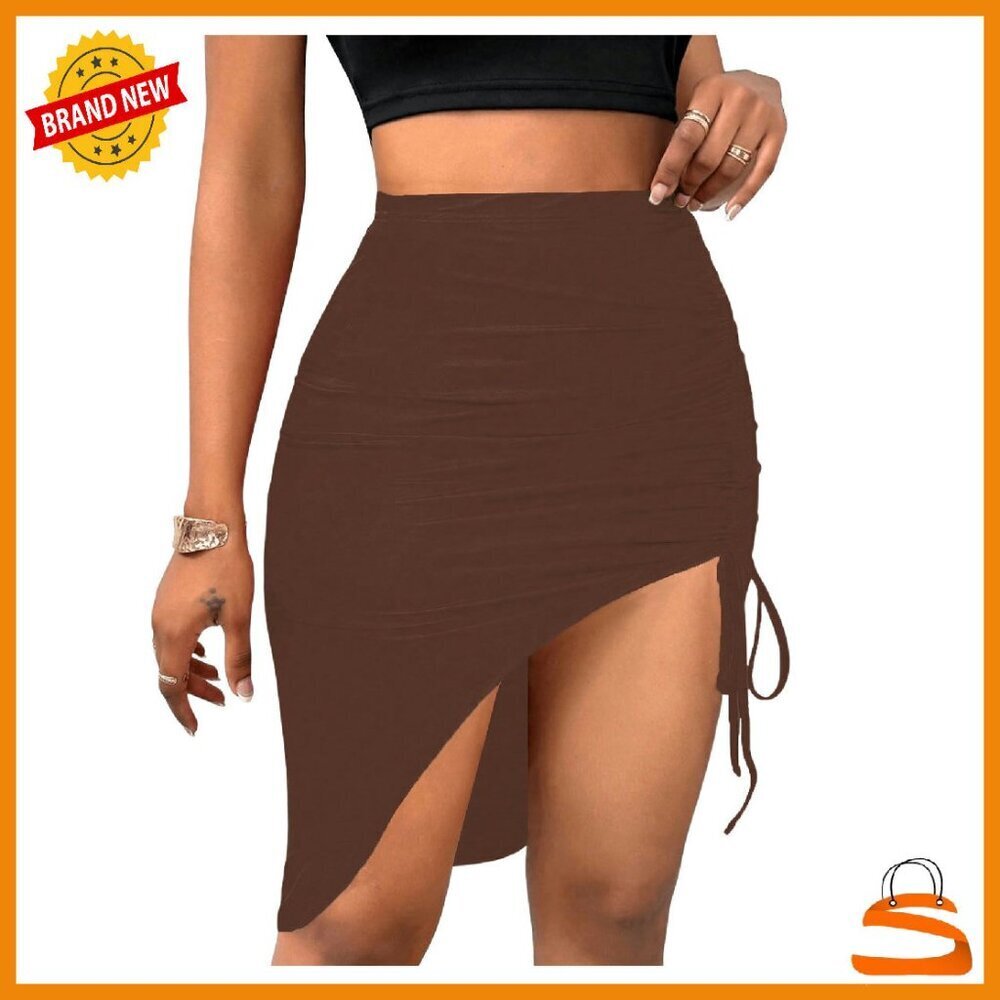 High Waist Midi Skirt with Side Split and Drawstring, Stretchy Fabric